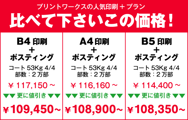 プリントワークスの人気印刷＋プラン 比べて下さいこの価格！